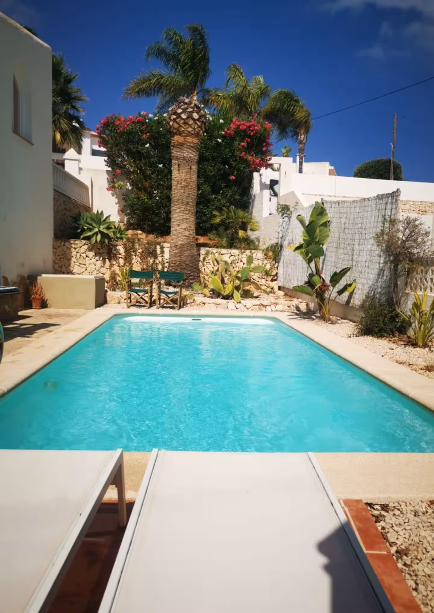 Palmbomen en zeezicht vanuit de tuin, Finca Paquero Benissa